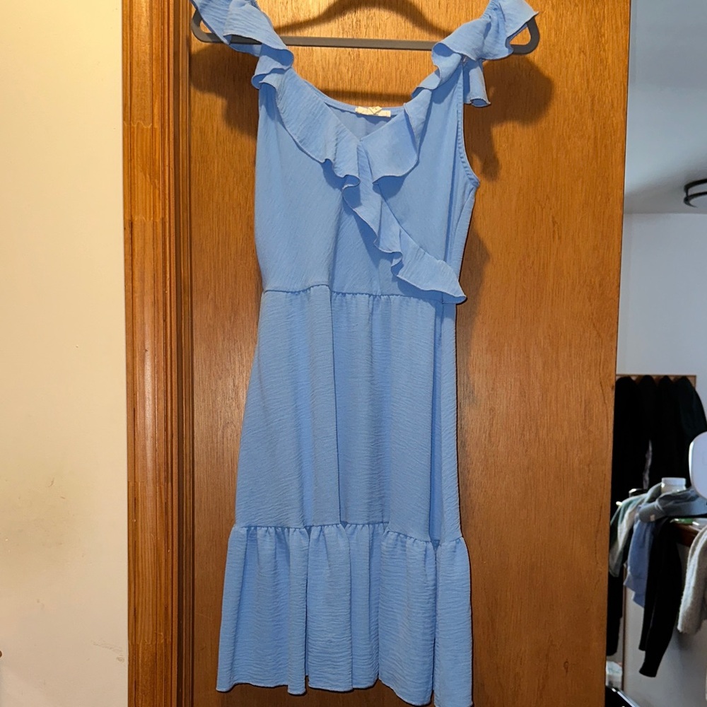 Light Blue Ruffled Shoulder Midi Dress